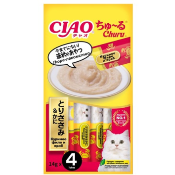 Inaba Ciao Churu - Пюре для кошек, куриное филе и краб, 14 гр х 4 шт