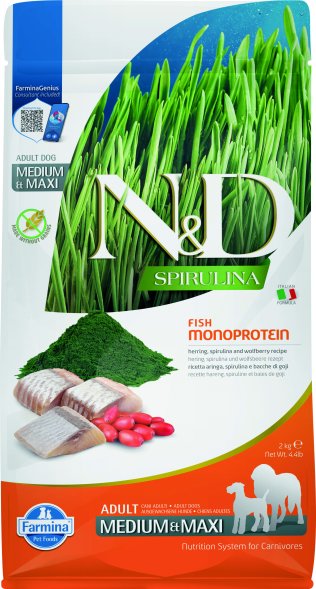 Farmina N&amp;amp;D Spirulina - Сухой корм для собак средних и крупных пород, Сельдь и Ягоды Годжи
