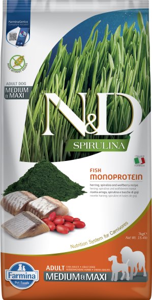 Farmina N&amp;amp;D Spirulina - Сухой корм для собак средних и крупных пород, Сельдь и Ягоды Годжи