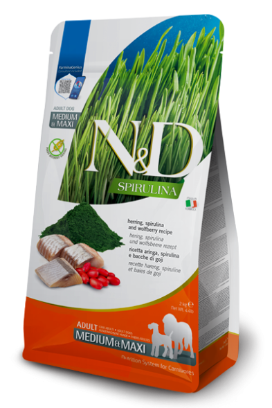 Farmina N&amp;amp;D Spirulina - Сухой корм для собак средних и крупных пород, Сельдь и Ягоды Годжи