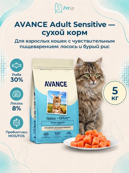 Avance Sensitive - Полнорационный сухой корм для взрослых кошек, с чувствительным пищеварением, с Лососем и Бурым Рисом
