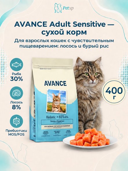 Avance Sensitive - Полнорационный сухой корм для взрослых кошек, с чувствительным пищеварением, с Лососем и Бурым Рисом