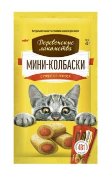 Деревенские Лакомства - Мини-колбаски для кошек с пюре из лосося 4*10гр