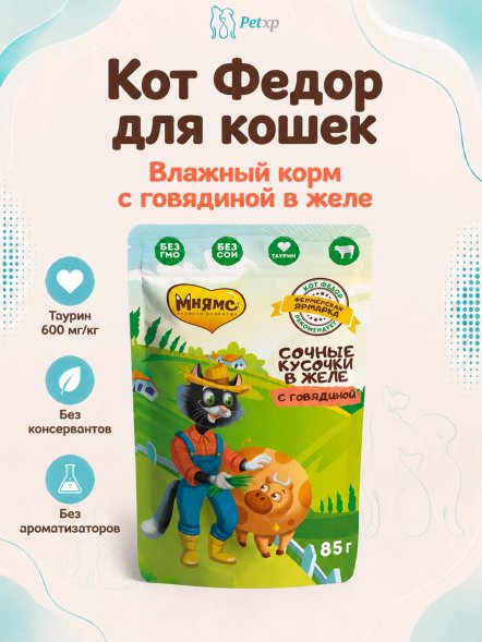 Мнямс - Влажный корм для кошек, сочные кусочки в желе, с Говядиной «Фермерская ярмарка», линия Кот Федор, 85г